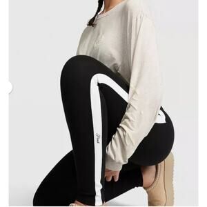 VS Pink Black Cotton High Waist Leggings White Stripe & Logo Full Length Sz M